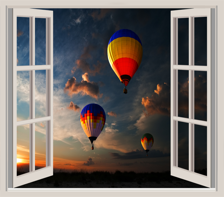 HD image of Hot air balloons background design #1 behind window frame   square - Colourfast Graphics
